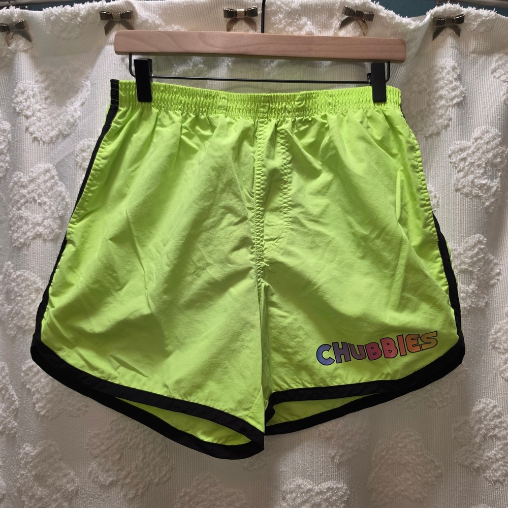 Chubbies Mens Neon‎ Lime Green Nylon Swim Shorts Rainbow Logo Retro Large USA